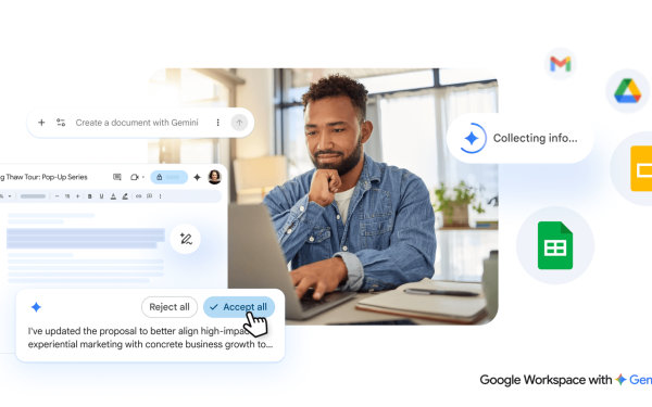 Google anunță noi actualizări pentru platformele sale din suita Google Workspace, integrate cu tehnologia bazată pe Gemini, un sistem avansat de inteligență artificială