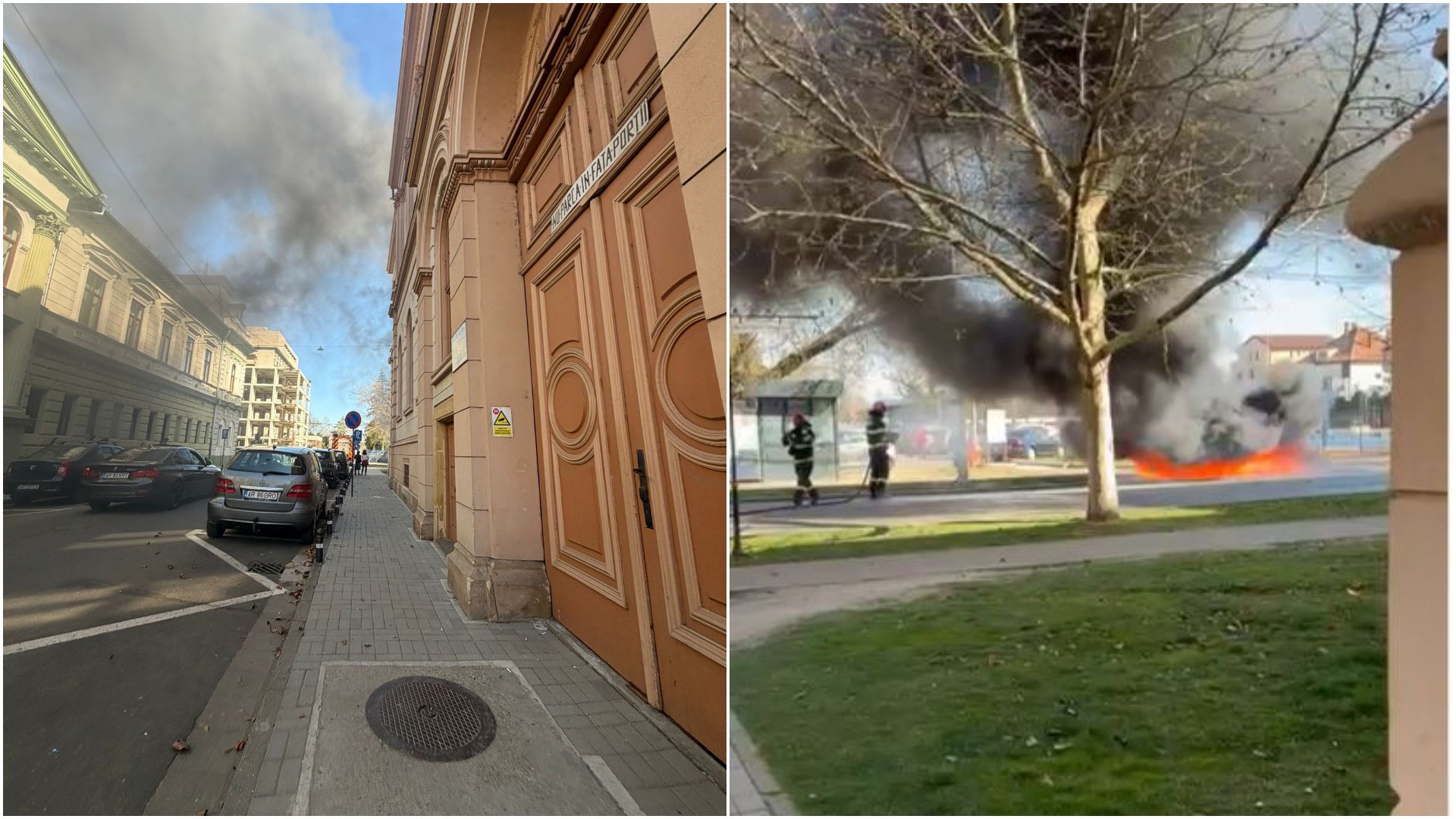 O mașină a fost cuprinsă de flăcări marți, în plină zi, în centrul orașului Arad, în fața celui mai renumit liceu din oraș