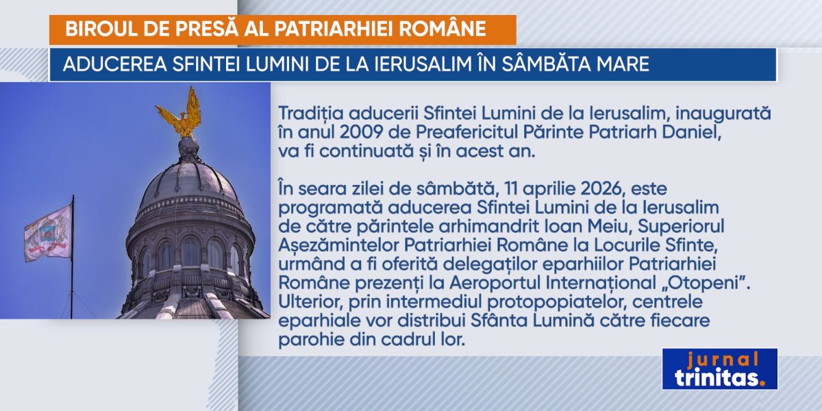 Aducerea Sfintei Lumini de la Ierusalim, posibil perturbată din cauza conflictului din Orientul Mijlociu Tradiția românească a aducerii Sfintei Lumini de la Ierusalim în România, cu ocazia Sâmbetei Mari, va fi menținută și în acest an, însă riscă să fie afectată de contextul geopolitic tensionat din Orientul Mijlociu