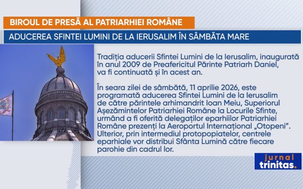 Aducerea Sfintei Lumini de la Ierusalim, posibil perturbată din cauza conflictului din Orientul Mijlociu Tradiția românească a aducerii Sfintei Lumini de la Ierusalim în România, cu ocazia Sâmbetei Mari, va fi menținută și în acest an, însă riscă să fie afectată de contextul geopolitic tensionat din Orientul Mijlociu