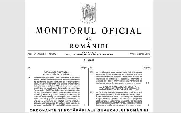 Guvernul a publicat în Monitorul Oficial Ordonanța de urgență 24/2026, care prevede reducerea accizei la motorina standard cu 36 de bani începând cu data de 7 aprilie 2026