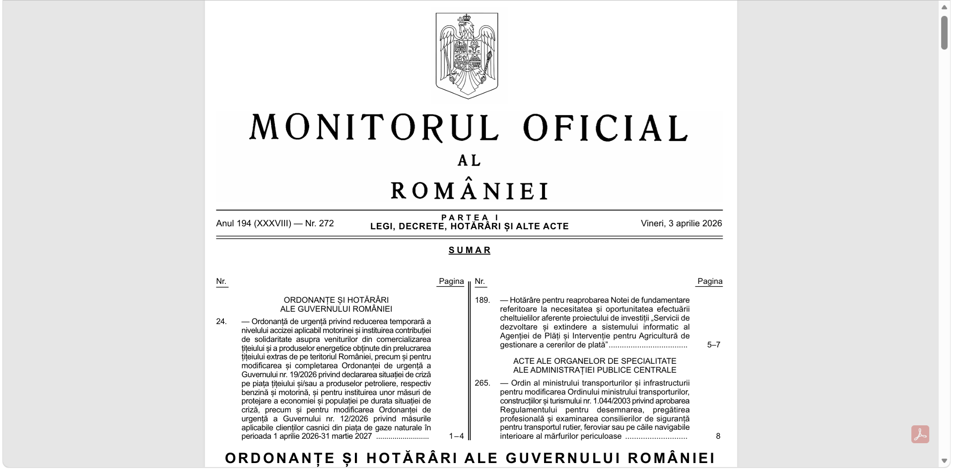 Guvernul a publicat în Monitorul Oficial Ordonanța de urgență 24/2026, care prevede reducerea accizei la motorina standard cu 36 de bani începând cu data de 7 aprilie 2026