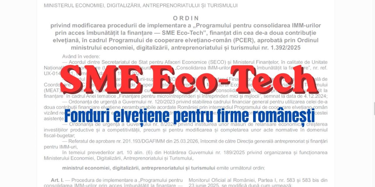 Fonduri Elvețiene SME Eco-Tech: Schimbări MAJORE la programul de 288 milioane lei