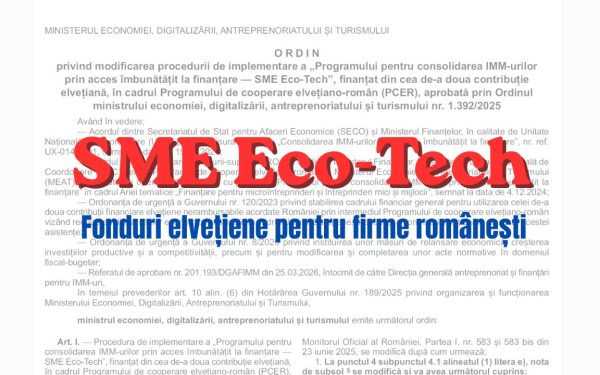 Fonduri Elvețiene SME Eco-Tech: Schimbări MAJORE la programul de 288 milioane lei