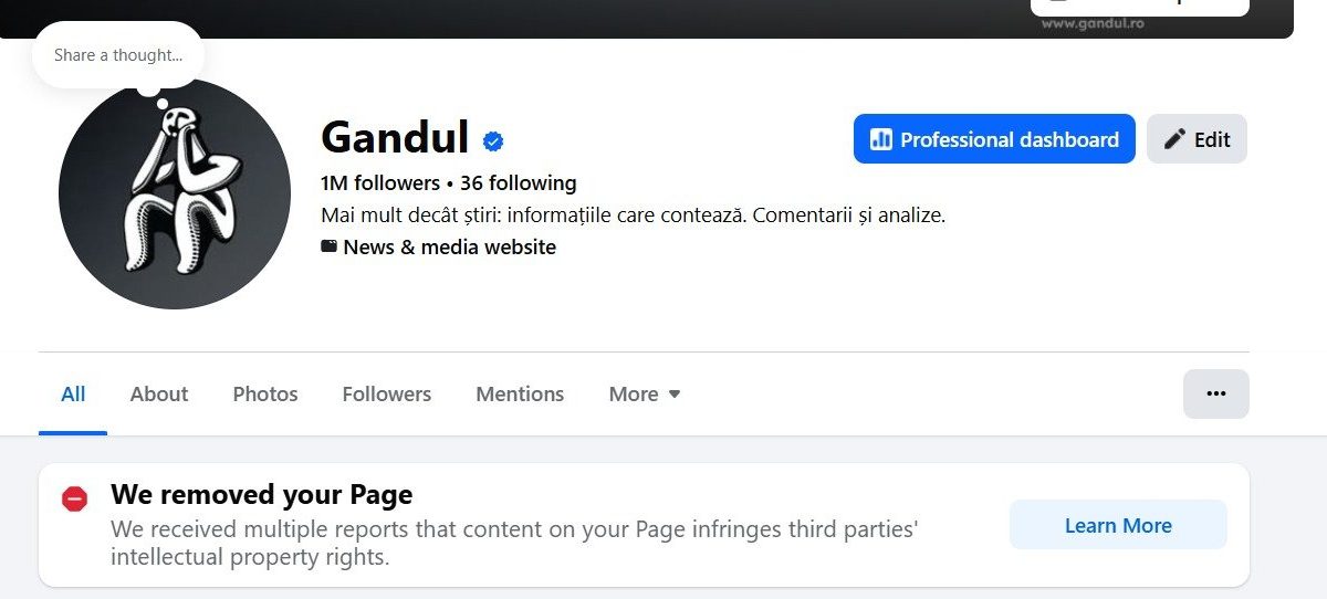 Platforma Facebook a închis pagina unui ziar important din România, lăsând publicația fără explicații și cu un impact major asupra traficului online